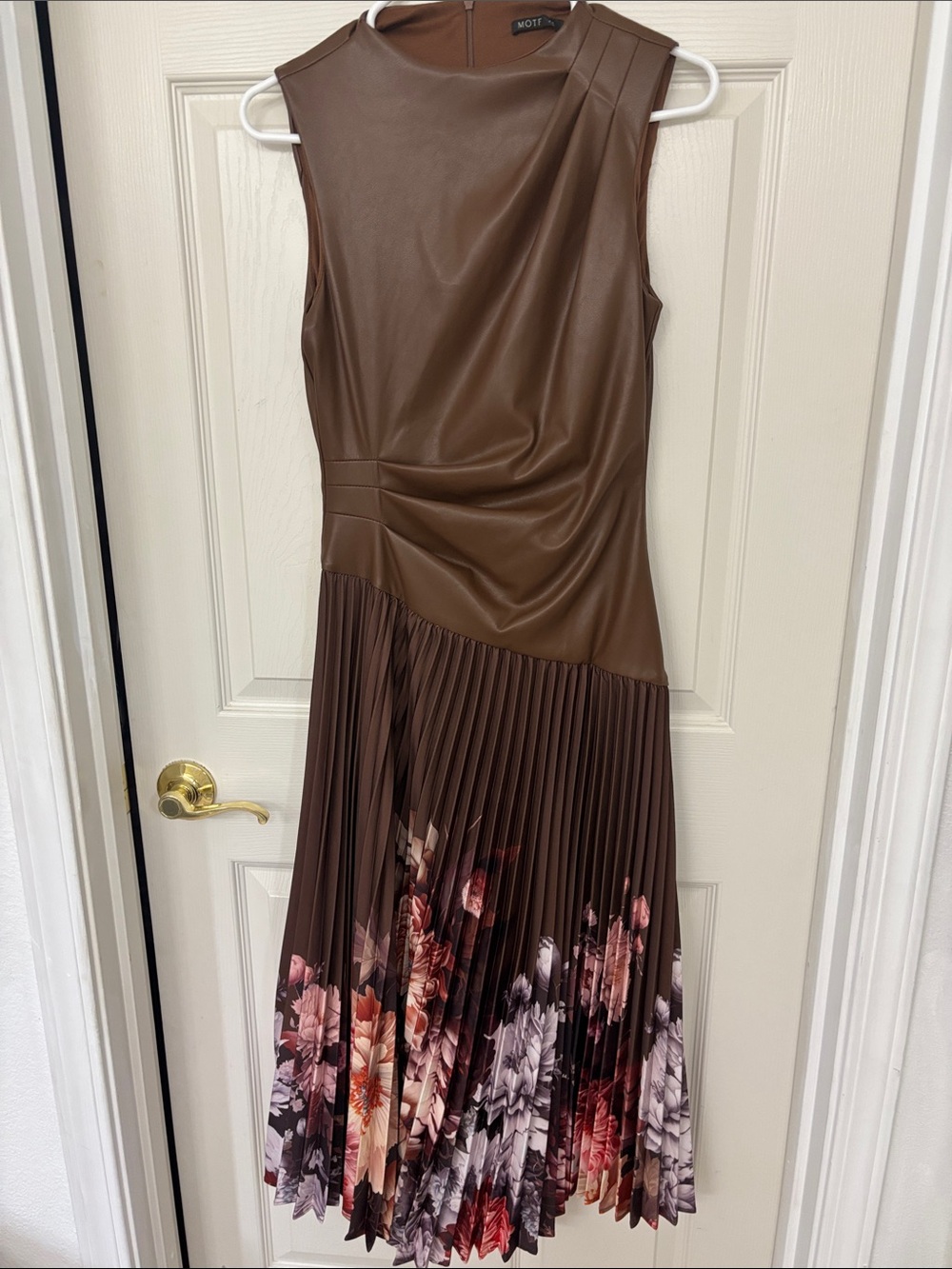 MOTF Brown Faux-Leather Top with Floral Pleated Skirt Midi Dress